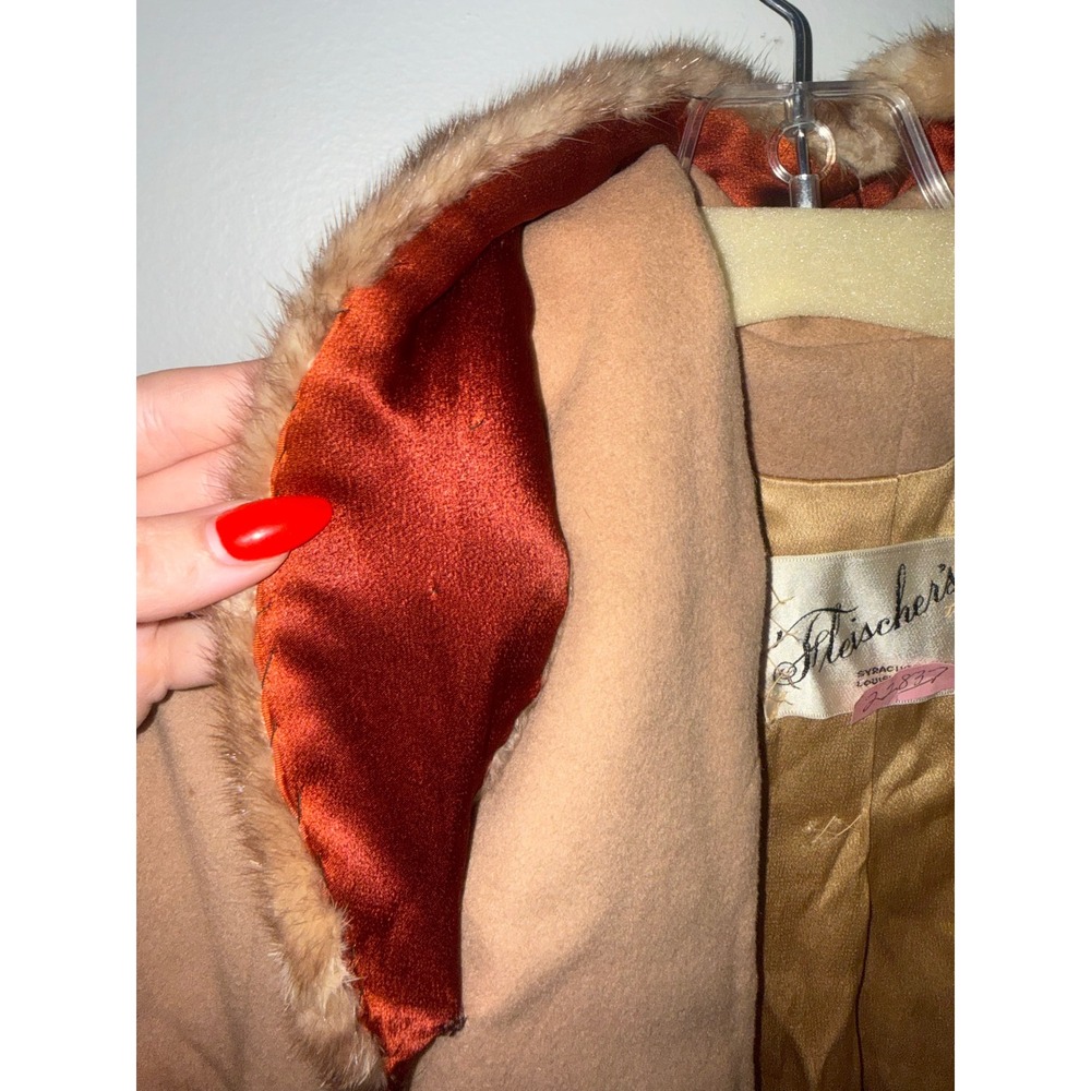 Vintage Fleischers Camel Wool Coat Real Fur Collar ILGWU Union Tan Mid Length - Picture 3 of 10